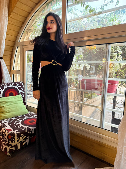 Black velvet midi dress with cutouts
