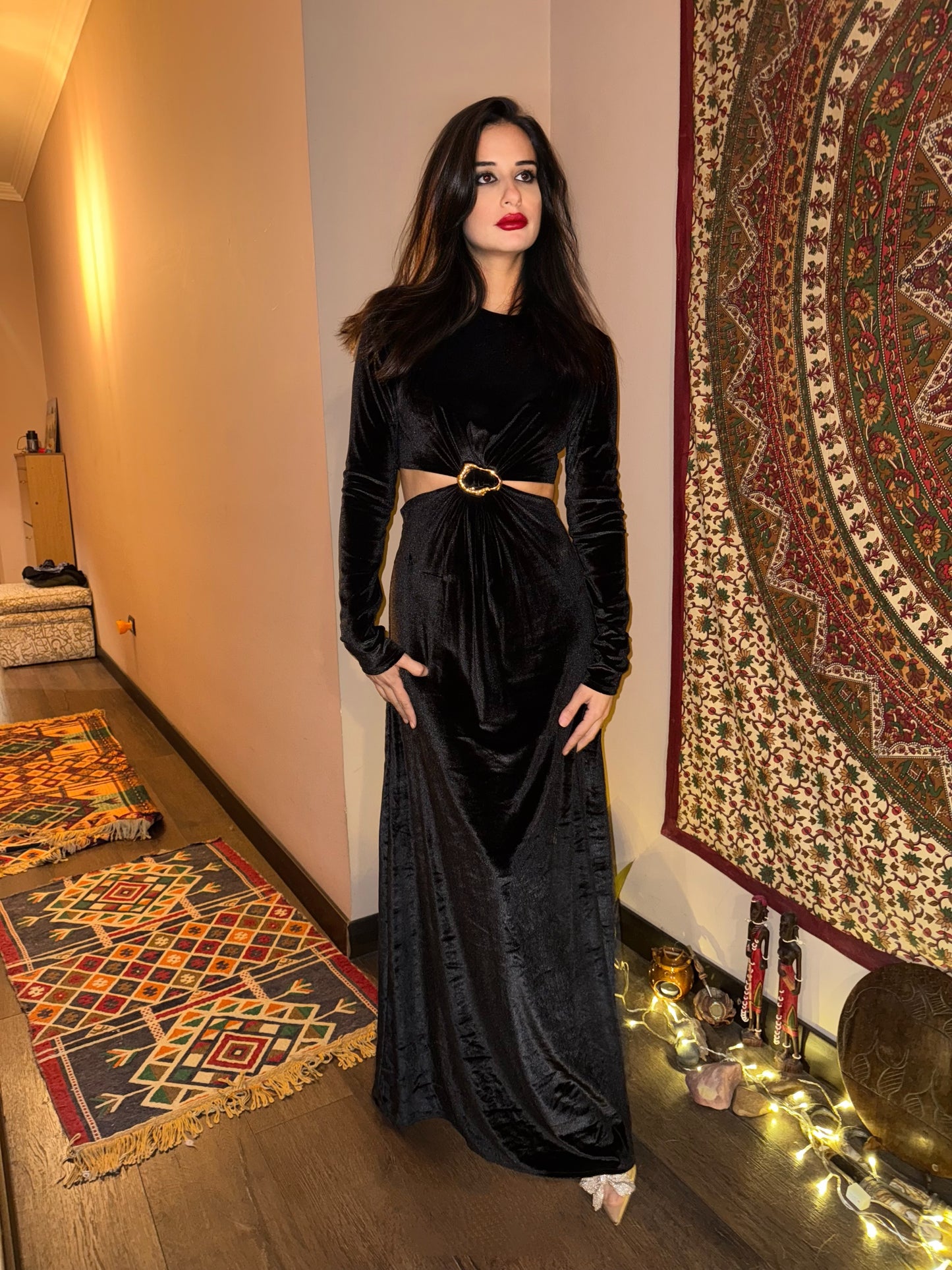 Black velvet midi dress with cutouts