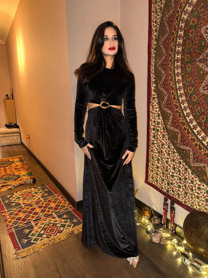 Black velvet midi dress with cutouts