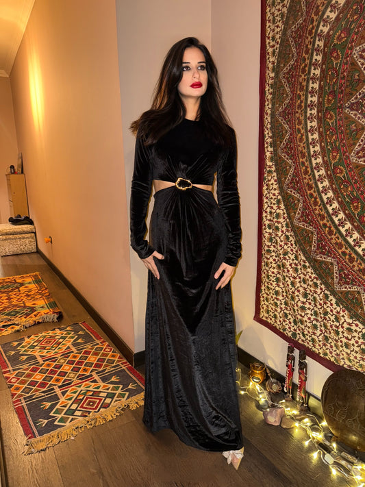 Black velvet midi dress with cutouts