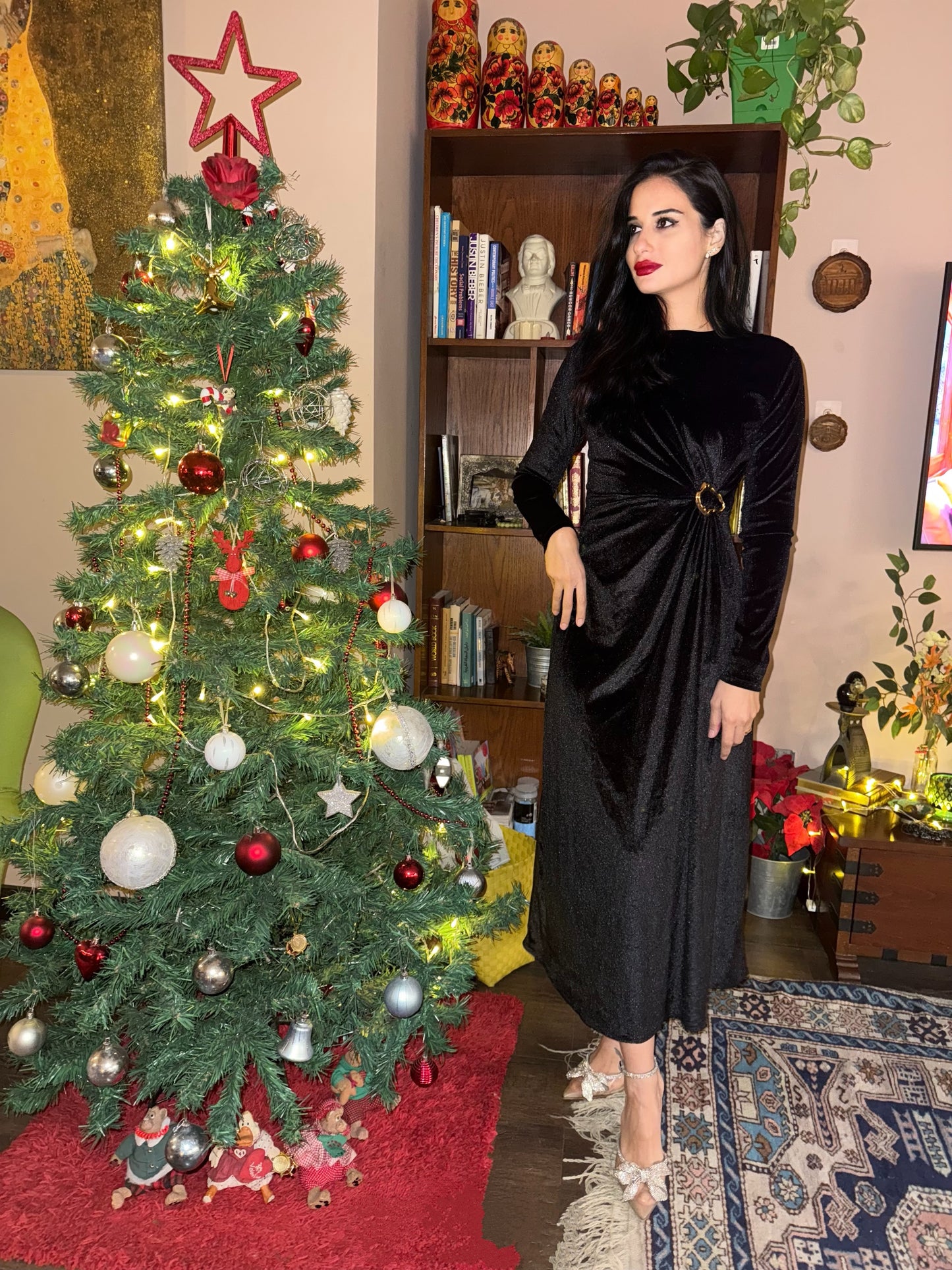 Long sleeve wrap midi dress with a sliver buckle on the side