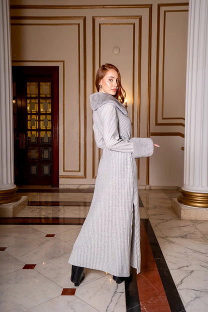 Grey Knitted Long Cardigan with Detachable Fur Collar & Cuffs