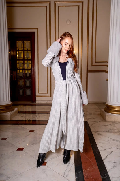 Grey Knitted Long Cardigan with Detachable Fur Collar & Cuffs