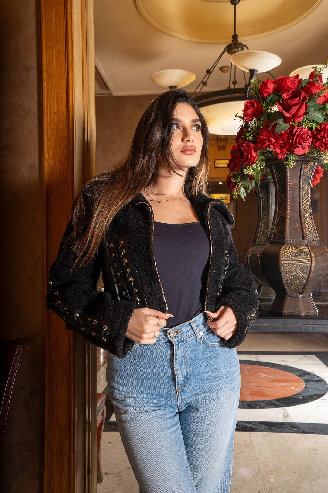 Black Teddy Jacket with Funnel Neck & Criss-Cross Rope Detail