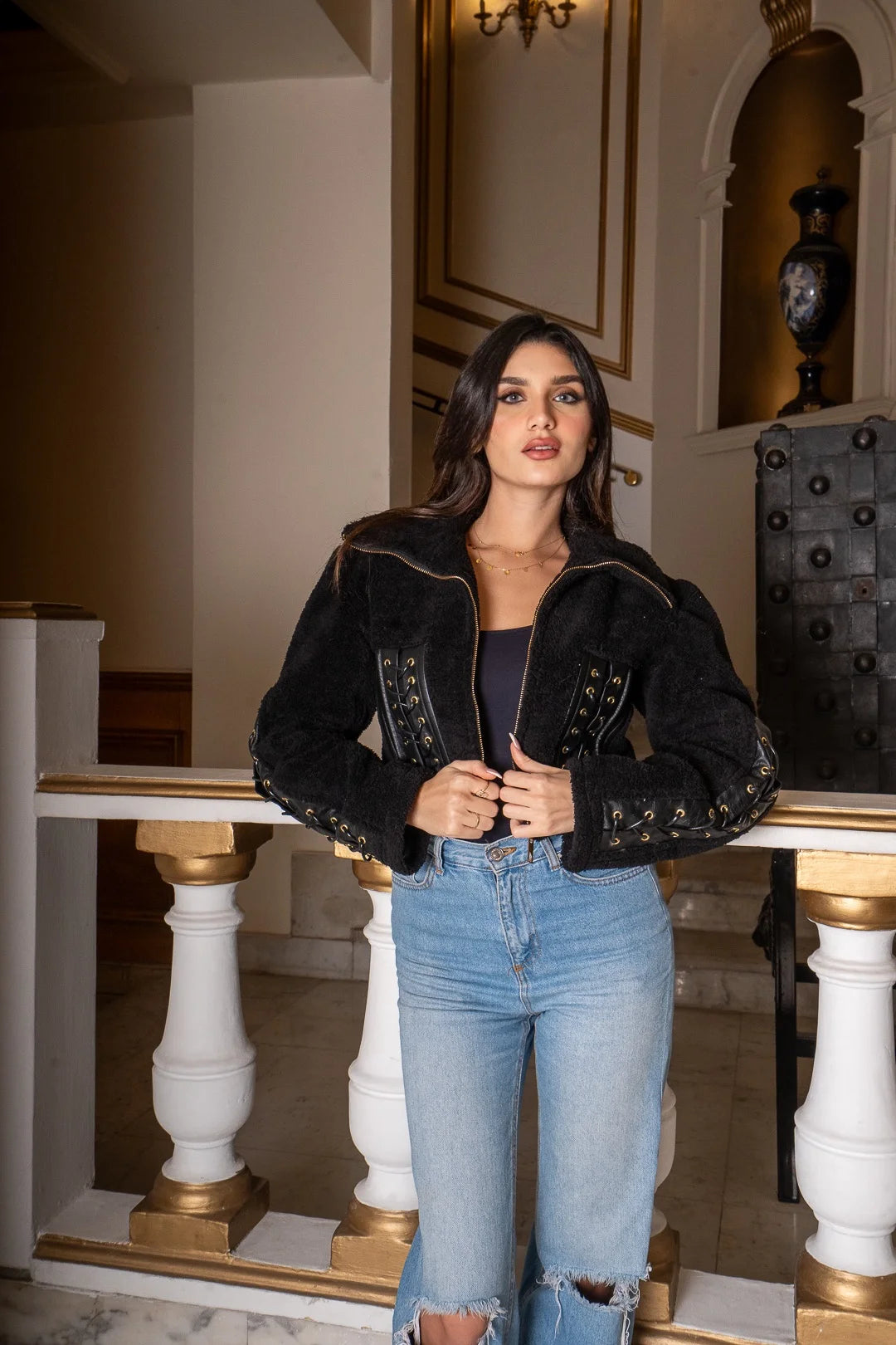Black Teddy Jacket with Funnel Neck & Criss-Cross Rope Detail