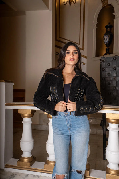 Black Teddy Jacket with Funnel Neck & Criss-Cross Rope Detail