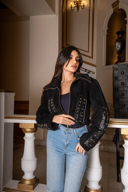 Black Teddy Jacket with Funnel Neck & Criss-Cross Rope Detail