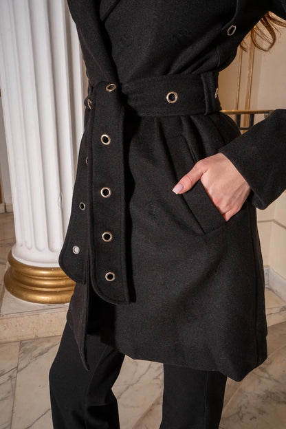 Black Coat with Metal Eyelets Detail