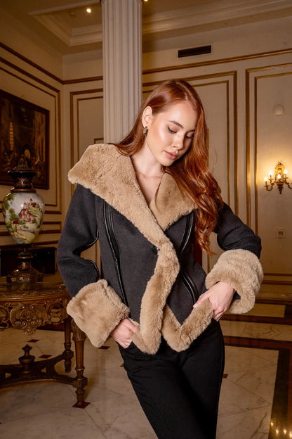 Dark Grey Shearling Lined Jacket with Furry Wide Collar