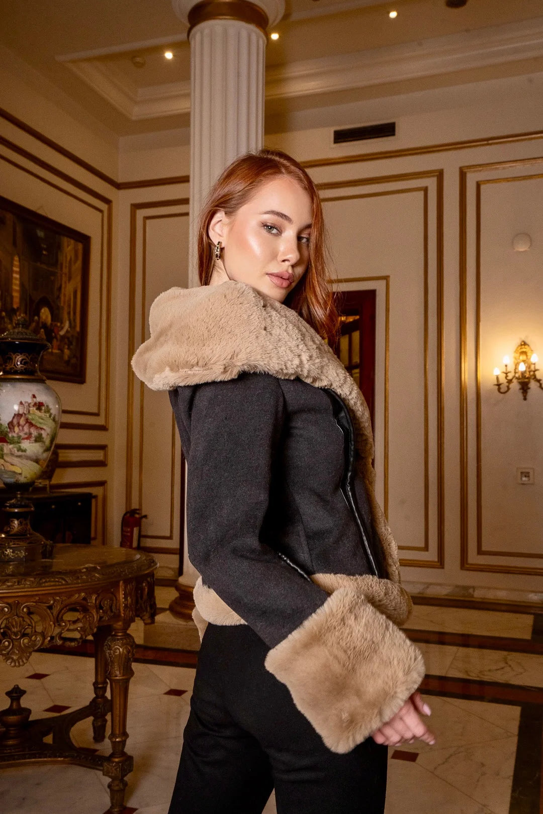 Dark Grey Shearling Lined Jacket with Furry Wide Collar