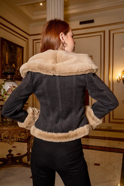Dark Grey Shearling Lined Jacket with Furry Wide Collar