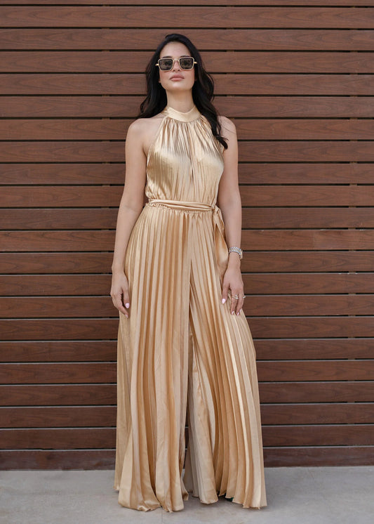 Silk satin pleated Gold Jumpsuit