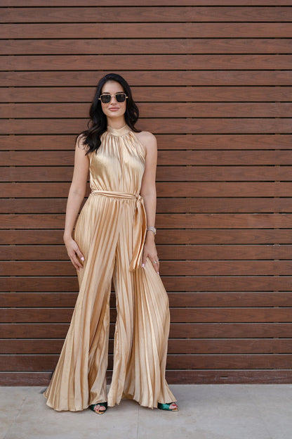 Silk satin pleated Gold Jumpsuit