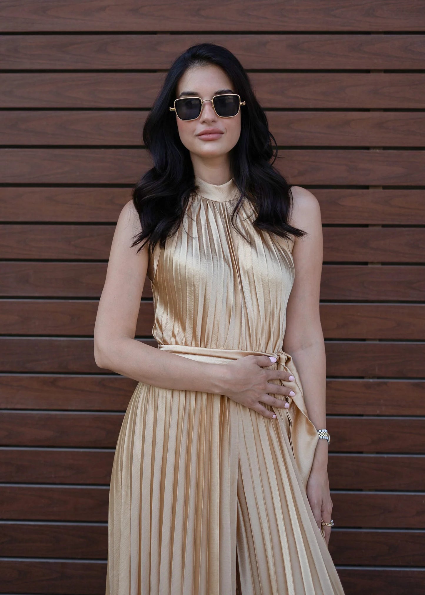 Silk satin pleated Gold Jumpsuit