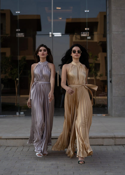 Silk satin pleated Gold Jumpsuit