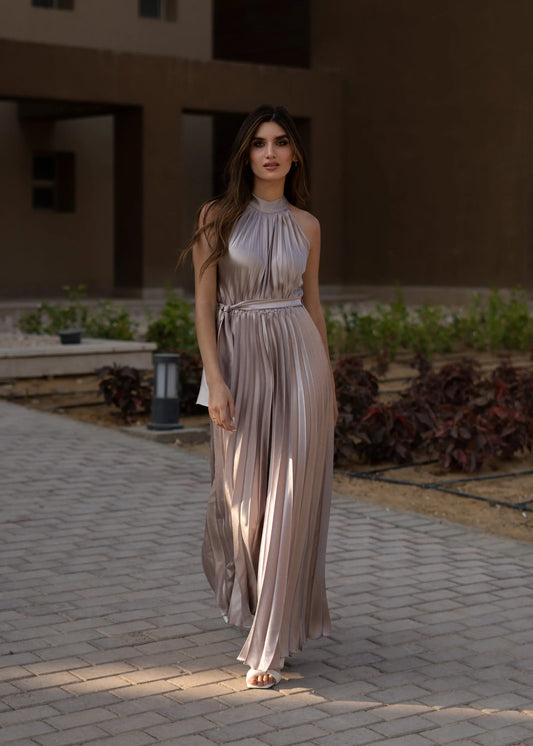 Silk satin pleated Silver Jumpsuit