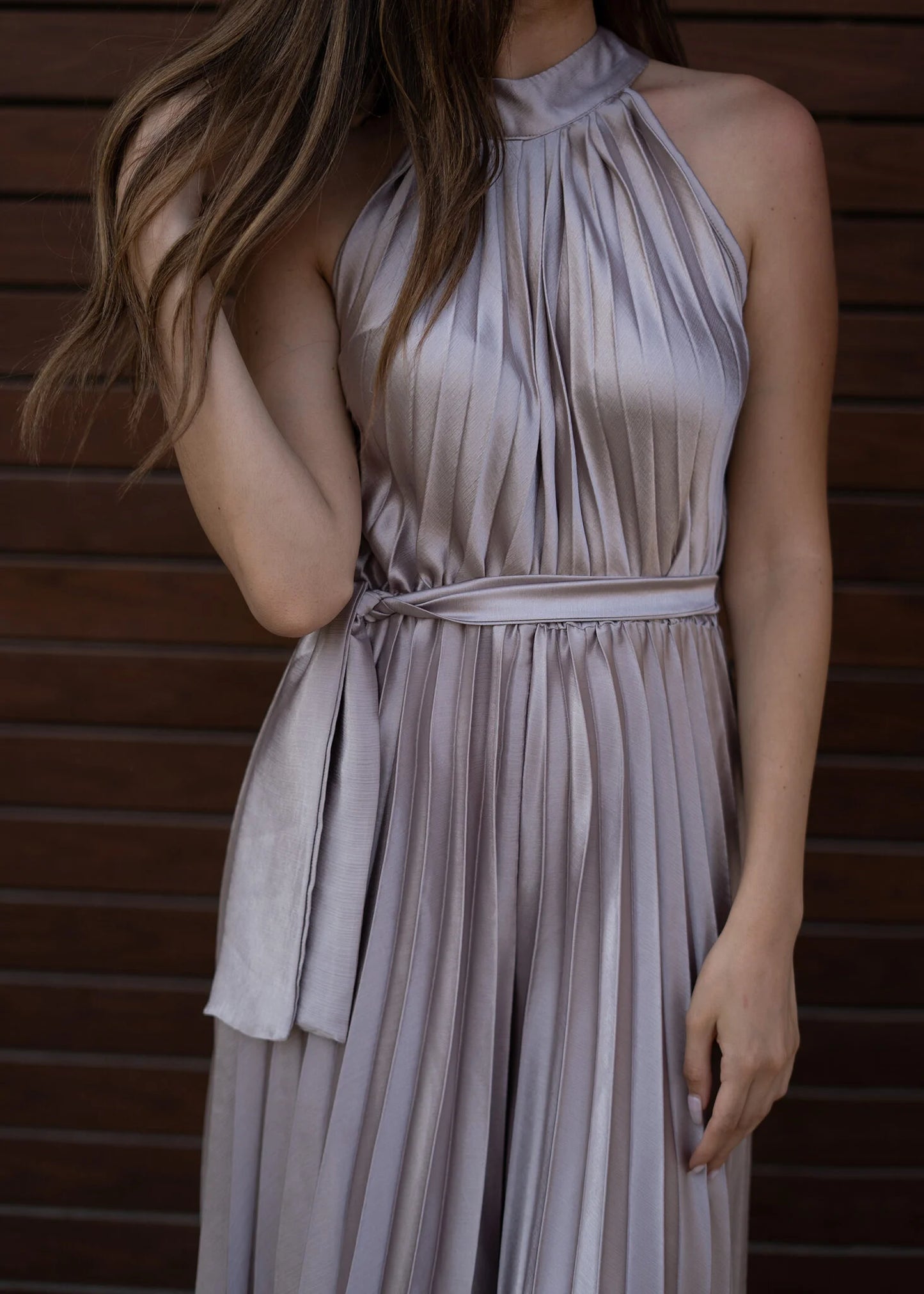 Silk satin pleated Silver Jumpsuit