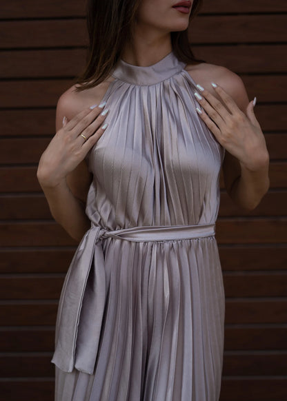 Silk satin pleated Silver Jumpsuit