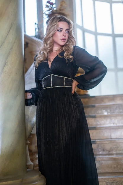 Black Silk Chiffon Pleated Dress With Diamond Corset