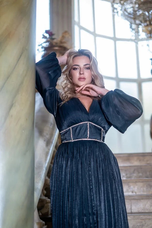 Black Silk Chiffon Pleated Dress With Diamond Corset