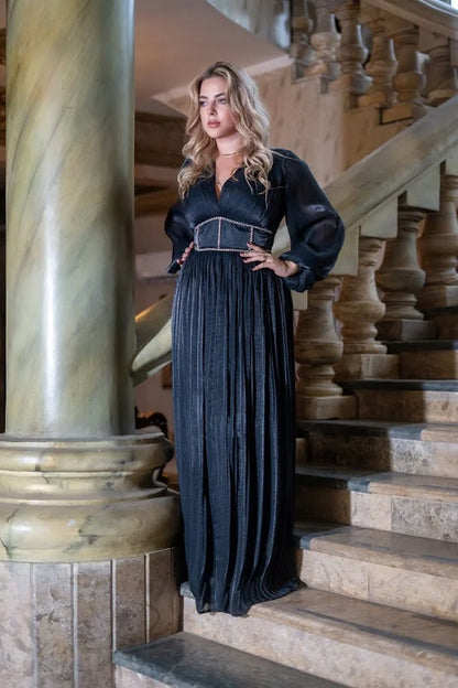 Black Silk Chiffon Pleated Dress With Diamond Corset