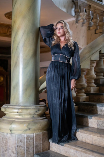 Black Silk Chiffon Pleated Dress With Diamond Corset