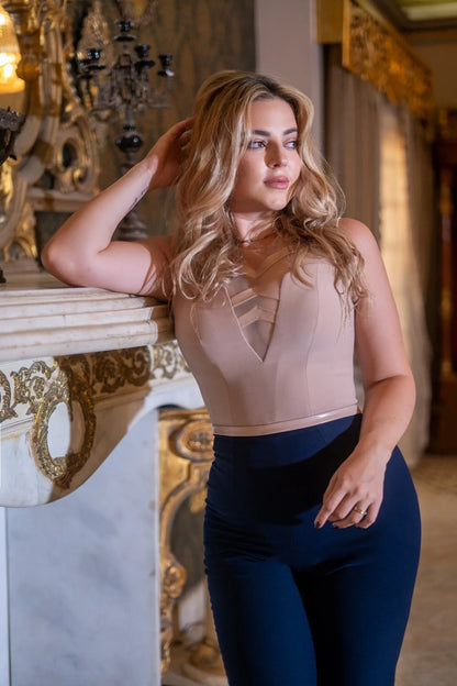 Navy Blue In Bige Crepe Jumpsuit
