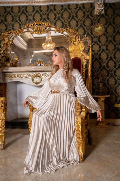 Champagne Pleated Dress With Gold Chain Dress