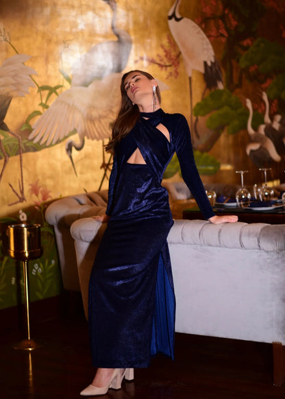 Navy Blue Criss Cross Halter neck Midi-Dress