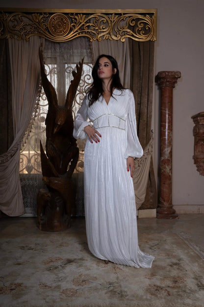 White Silk Chiffon Pleated Dress With Diamond Corset