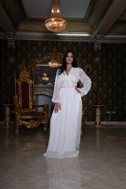 White Silk Chiffon Pleated Dress With Diamond Corset