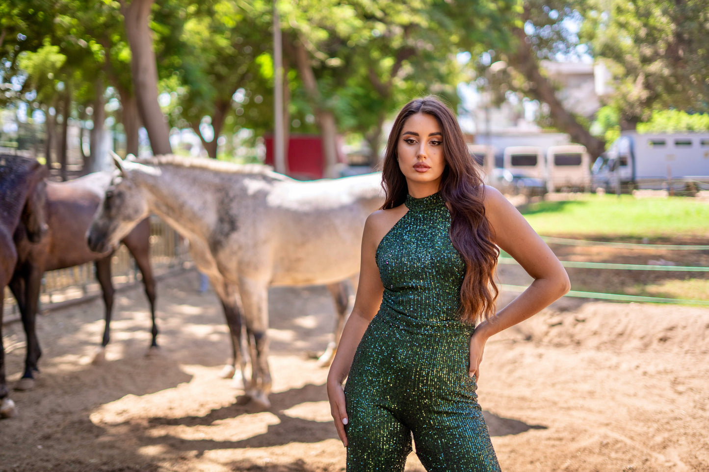 A-cut sequin dark green jumpsuit
