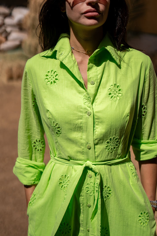 Broderie Lime Neon Green Maxi Dress