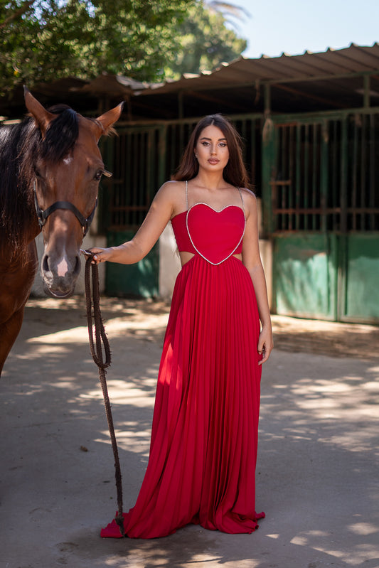Red Heart shape pleated maxi dress