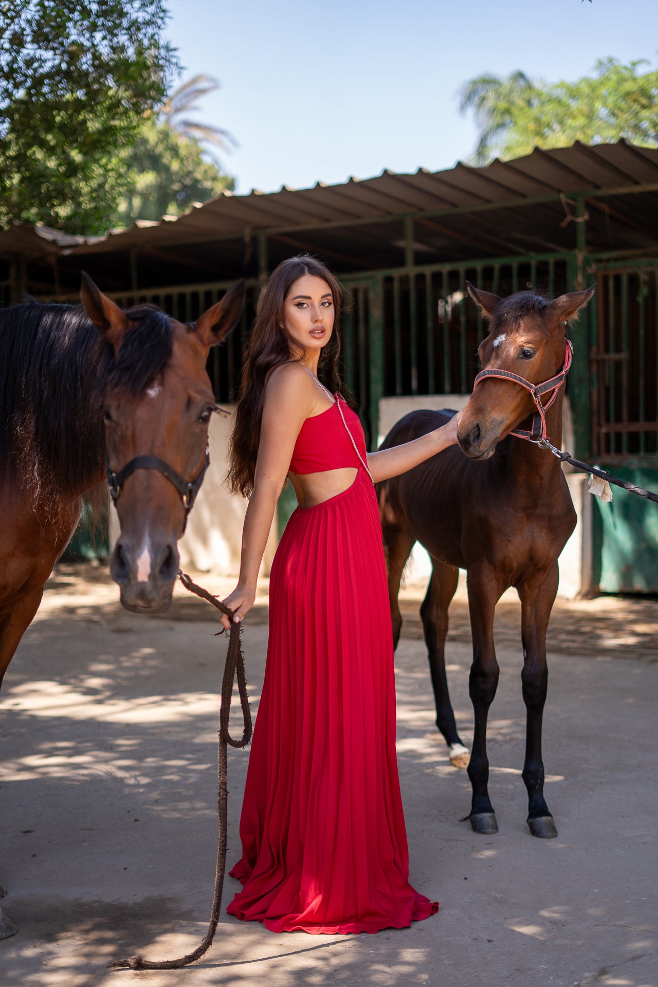 Red Heart shape pleated maxi dress