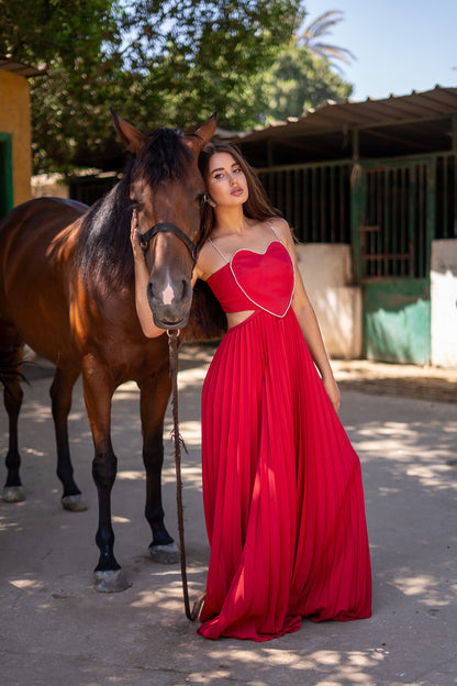 Red Heart shape pleated maxi dress