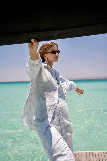 Crystal Studded White Linen Set