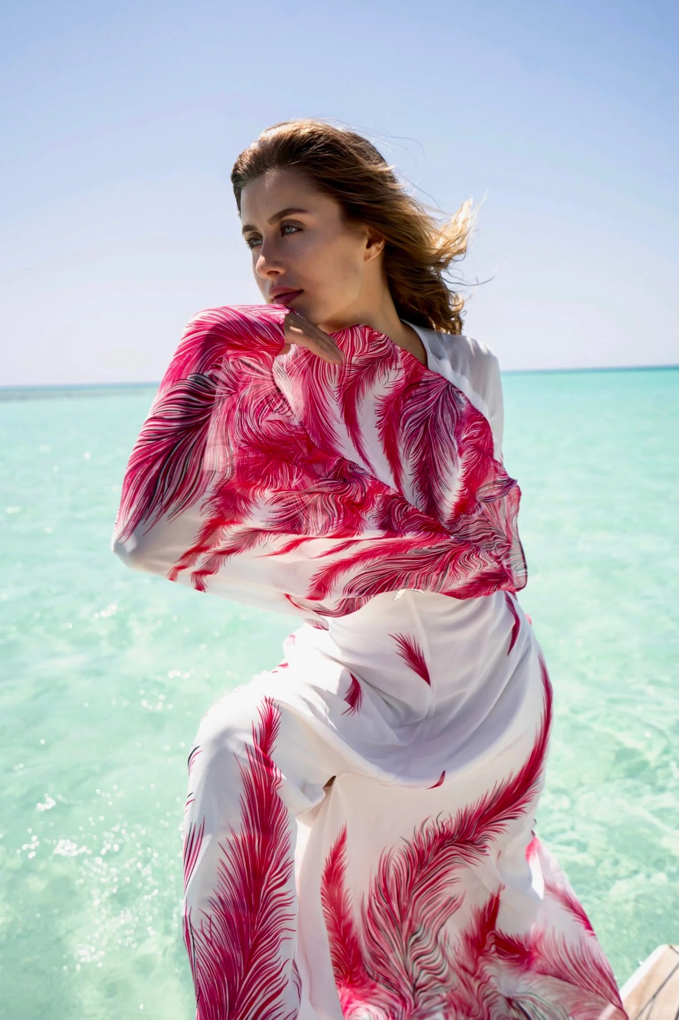 Fuchsia Leaves Dress with Waist Cutouts & Silver Starfish Accessory