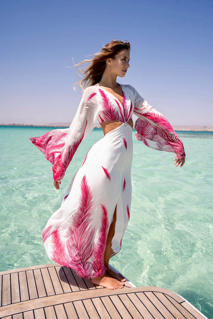 Fuchsia Leaves Dress with Waist Cutouts & Silver Starfish Accessory