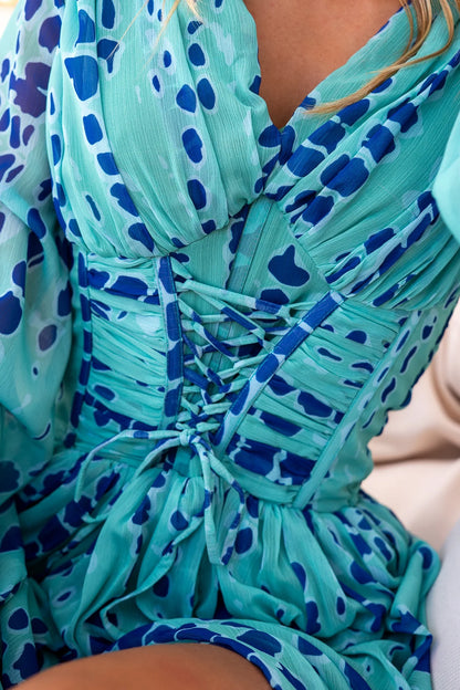 Blue Chiffon Corset Waisted Maxi Dress