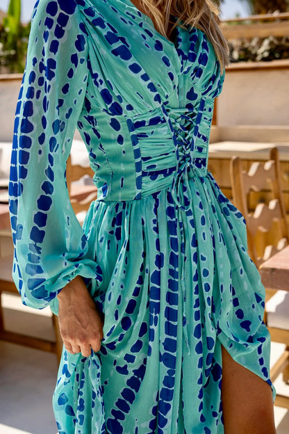 Blue Chiffon Corset Waisted Maxi Dress