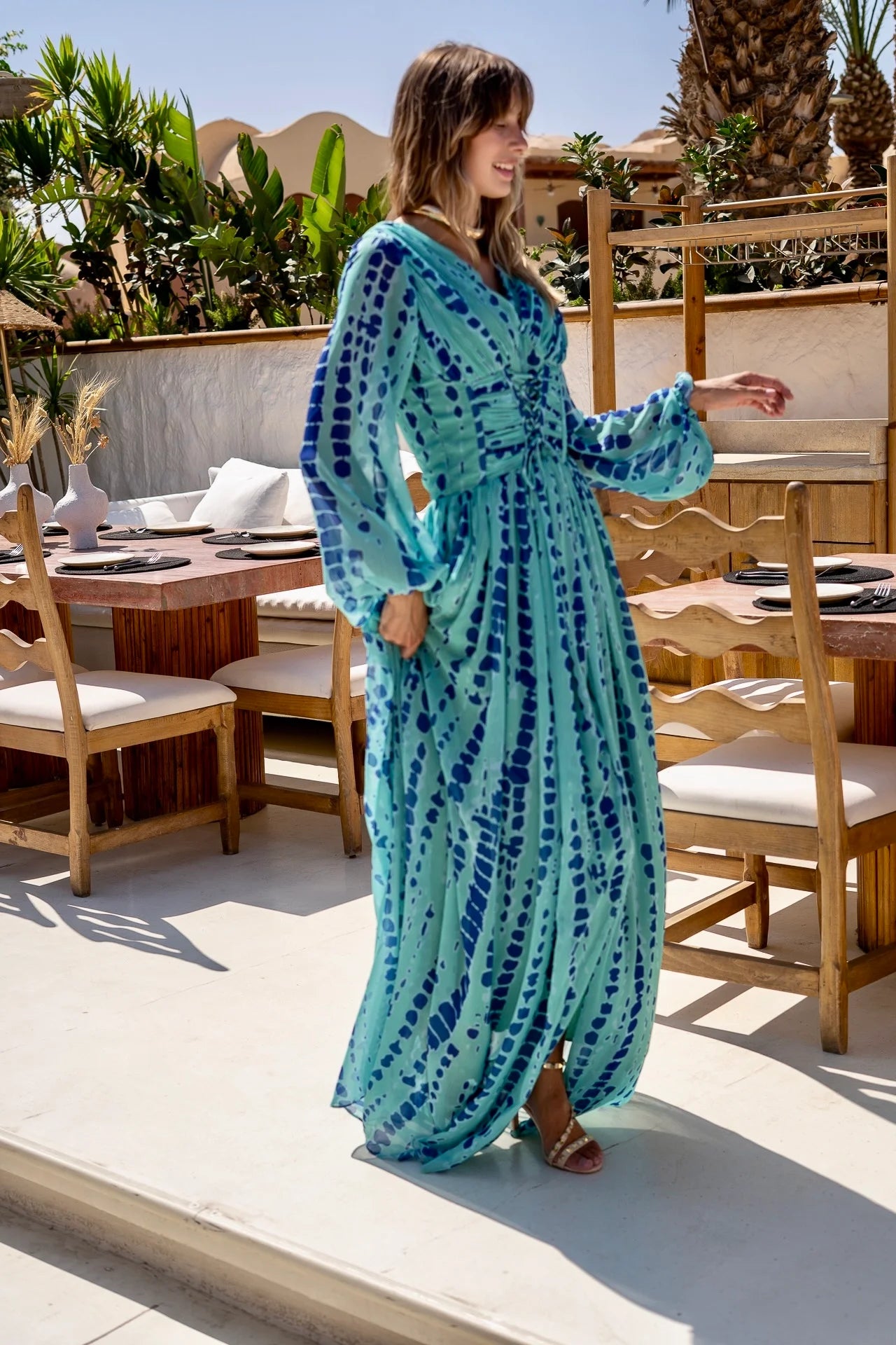 Blue Chiffon Corset Waisted Maxi Dress