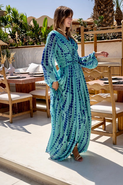 Blue Chiffon Corset Waisted Maxi Dress
