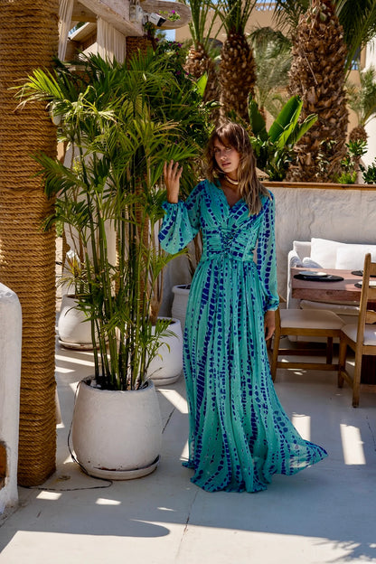 Blue Chiffon Corset Waisted Maxi Dress