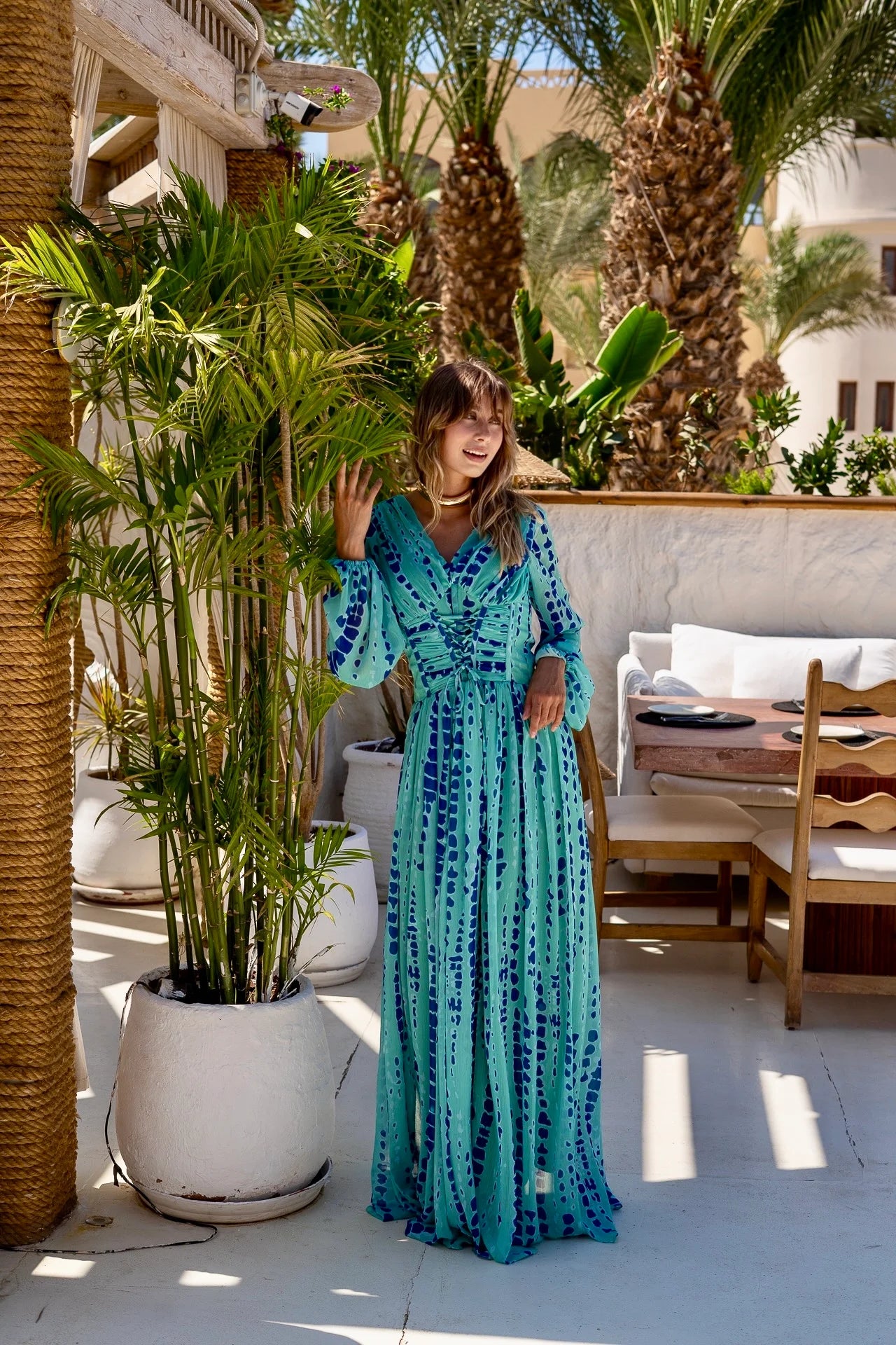 Blue Chiffon Corset Waisted Maxi Dress