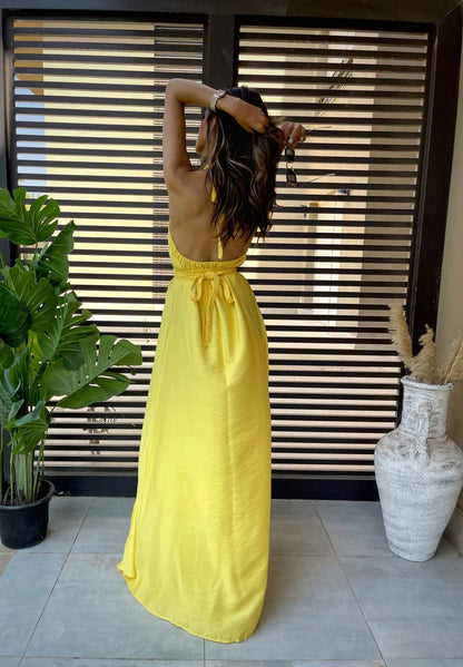 Yellow halter neck linen dress