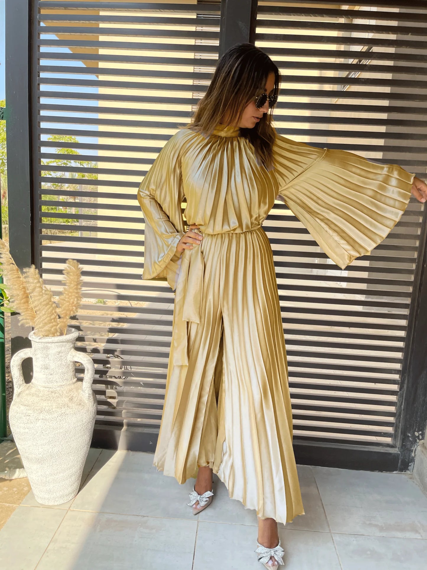 Silk satin Gold pleated jumpsuit with sleeves