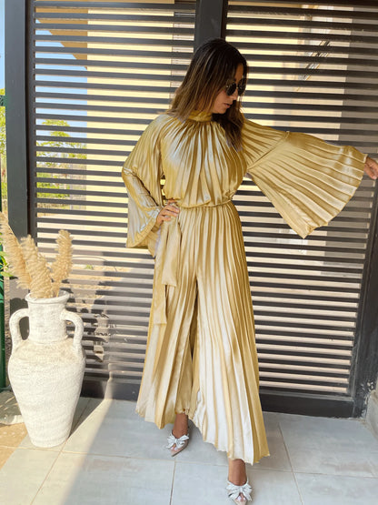 Silk satin Gold pleated jumpsuit with sleeves