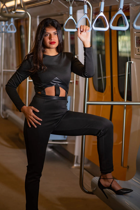 Jumpsuit with leather cutouts