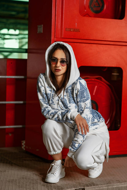 white sweatpants with puffy pockets